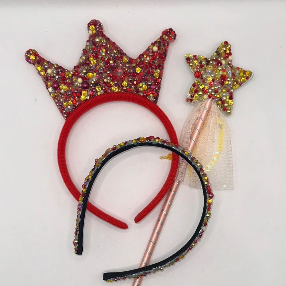 Princess Belle Inspired Rhinestone Crown Wand Headband Set